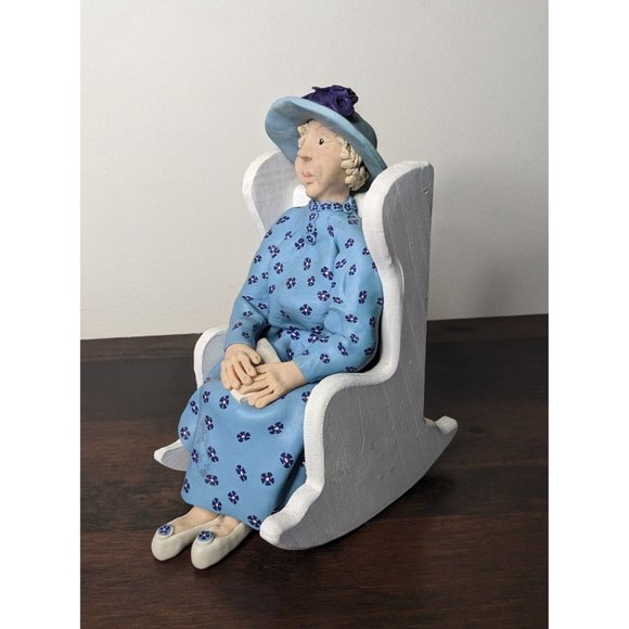VTG Polymer Clay Handmade Old Woman Sitting on a Rocking Chair - 8" Hat Flowers - Picture 13 of 15